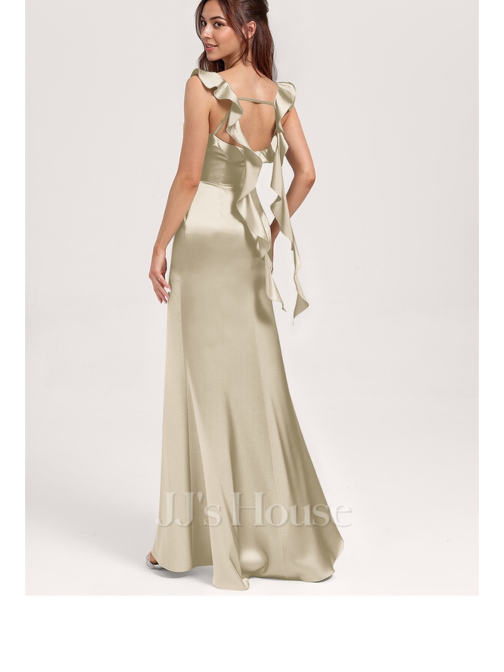 JJs House Champagne Satin Ruffle-Accent Bridesmaid Dress